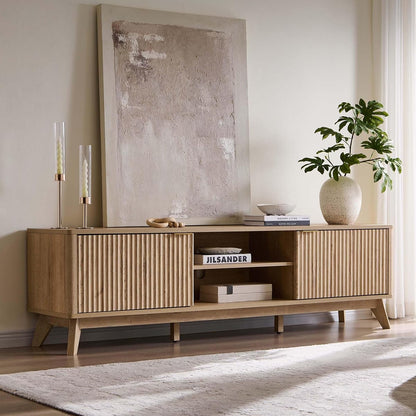 70" Mid Century Modern Fluted TV Stand w/ 2 Soft Close Door,Natural Oak | Entertainment Center, Sideboard, Media console for Living Room with Adjustable Shelves