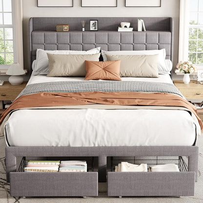 Queen Bed Frame, Upholstered Platform Bed Frame with Storage Drawers