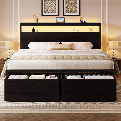 King LED Bed Frame, 2 Storage Drawers, Charging Station, Black