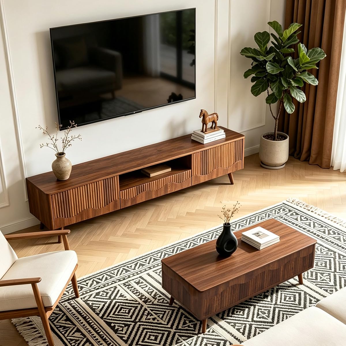 70“ Fluted Wave TV Stand and 40” Coffee Table Set of 2