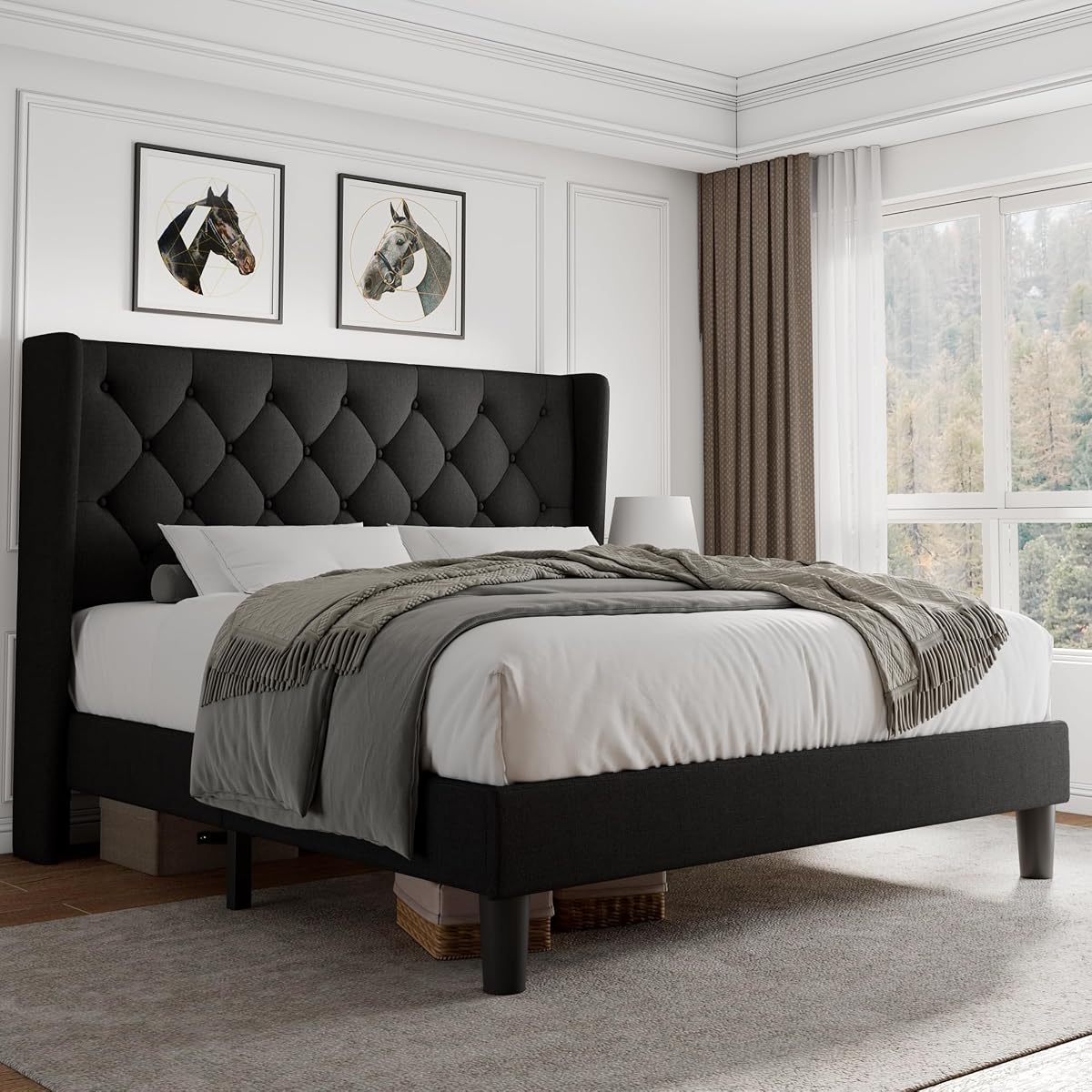 Queen Size Platform Bed Frame with Button Tufted Headboard