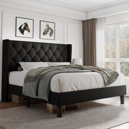 Queen Size Platform Bed Frame with Button Tufted Headboard