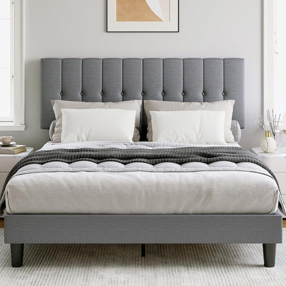Queen Upholstered Bed Frame with Storage & Headboard, Grey