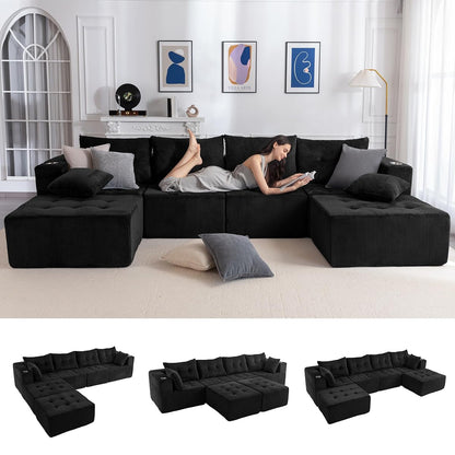 129.5" Modular Sectional Sofa Couch, U Shaped Modern Cloud Couch with 2 Ottomans, Sofa in A Box, Tufted 6-Seat Boneless Chair for Living Room, No Assembly Required, Black