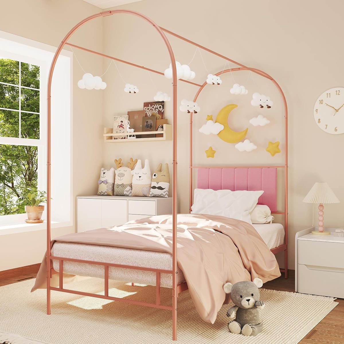 Twin Canopy Bed Frame with Upholstered Headboard