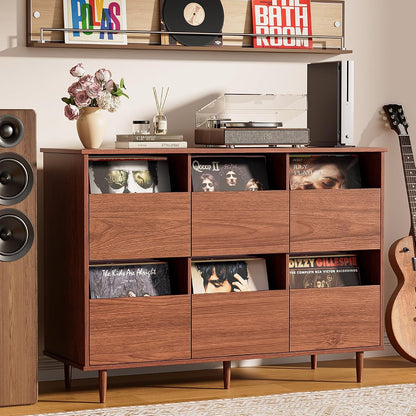 47.2" Large Record Player Stand, Vinyl Record Storage Cabinet, Brown