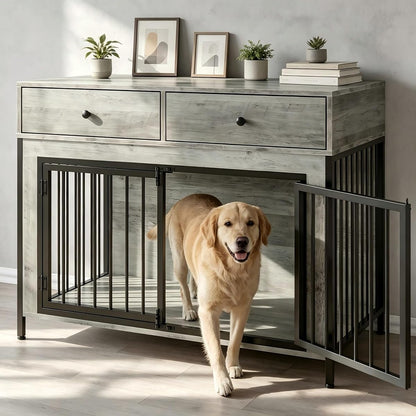 Large Dog Crate Furniture Wooden Dog Kennel Furniture with 2 Drawers, Grey
