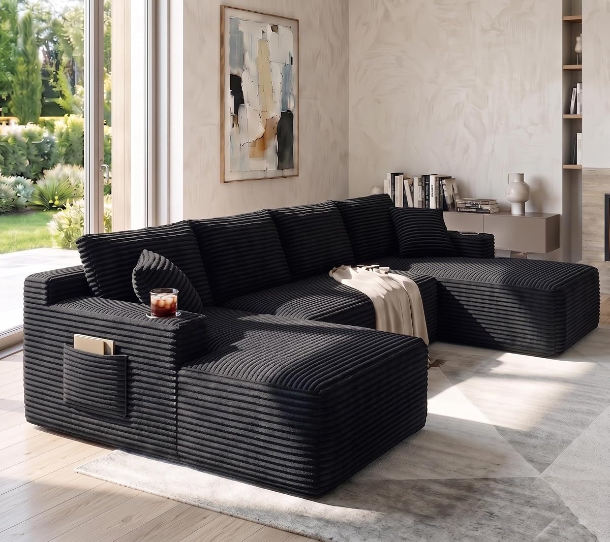 134" Modular Cloud Couch Sectional, U-Shaped Boneless Sleeper Sofa with Side Pockets & Cup Holders, Oversized 4-Seater Modern Deep Seat Corduroy Couch for Living Room, No Assembly Required, Black