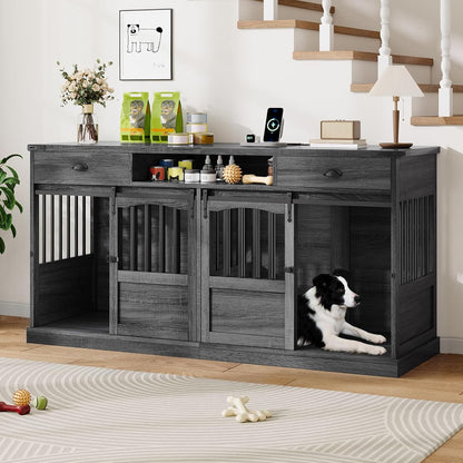 72" Double Dog Crate Furniture with Storage for 2 Medium Dogs