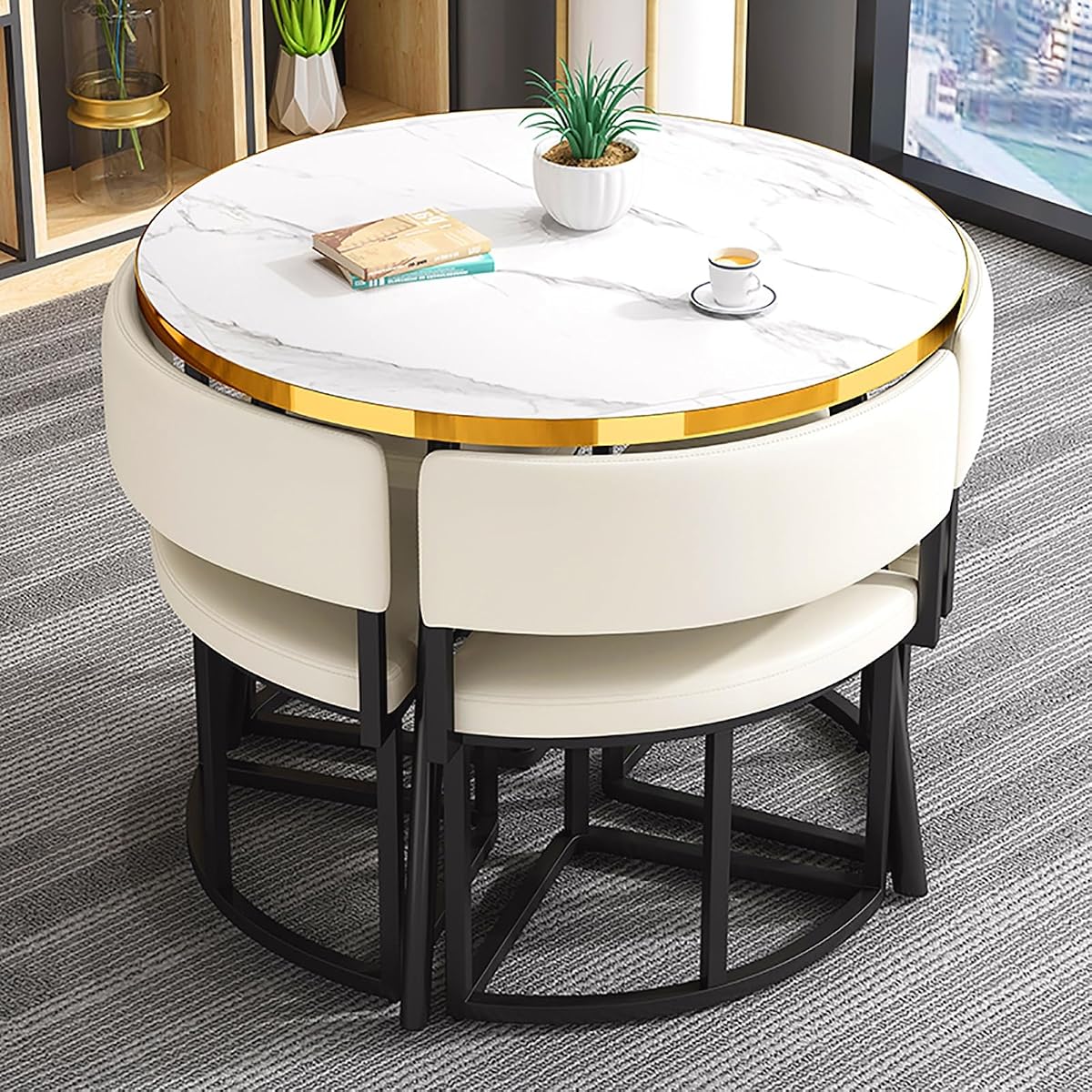 Round Dining Table Set for 4 with Chairs Kitchen Dining Furniture Reception Table and Chair Combination Space Saving Small Apartment Coffee Table Set,White-One Size