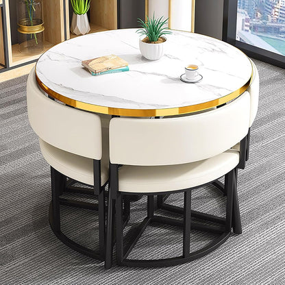 Round Dining Table Set for 4 with Chairs Kitchen Dining Furniture Reception Table and Chair Combination Space Saving Small Apartment Coffee Table Set,White-One Size