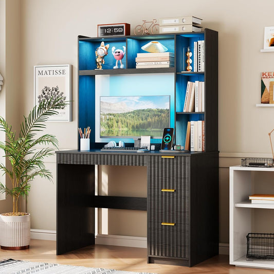 Modern Smart LED Study Desk with Hutch & Storage Cabinet, 3 Color LED Lighting