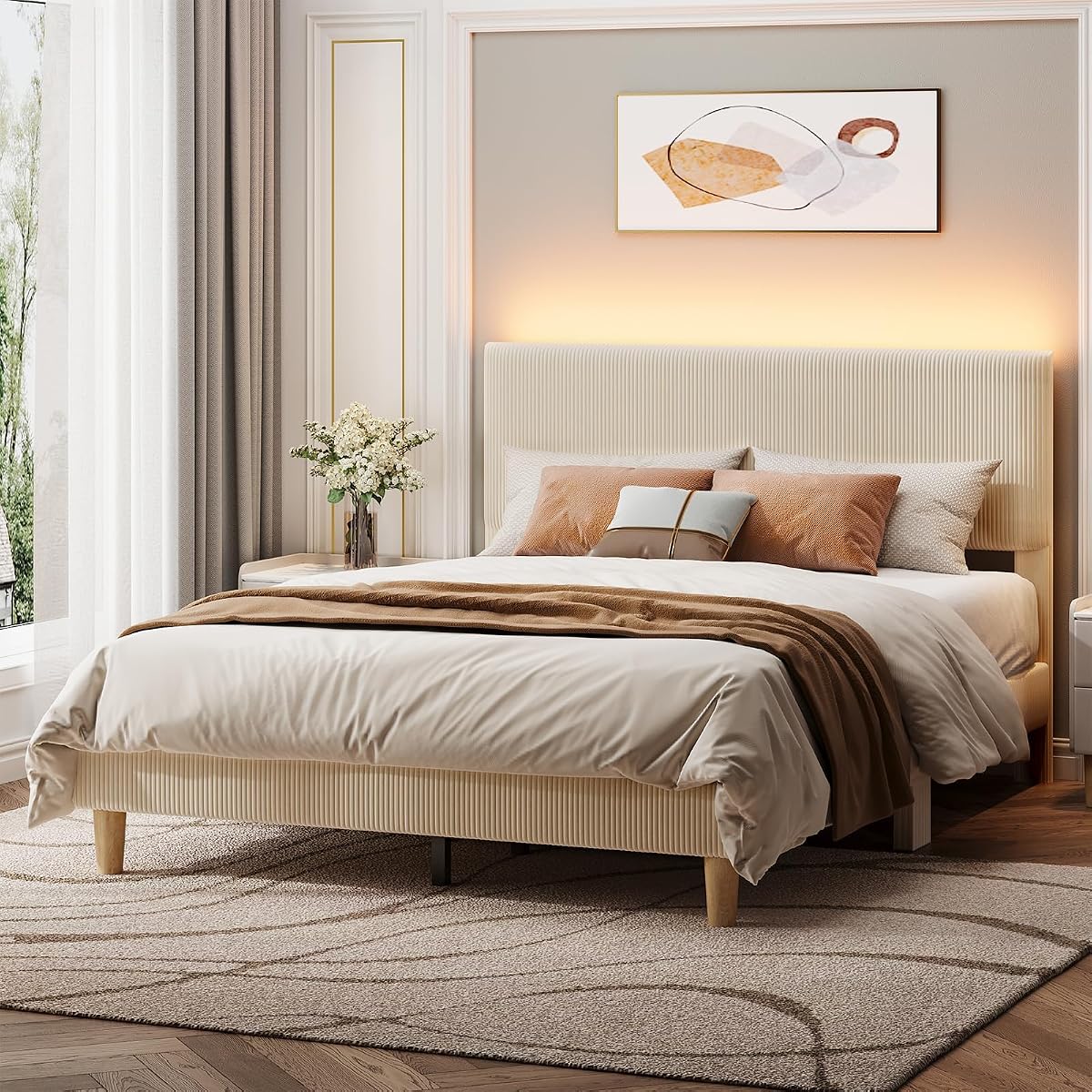 Queen Bed Frame Beige with LED Lighting