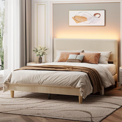 Queen Bed Frame Beige with LED Lighting