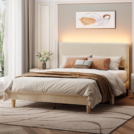 Queen Bed Frame Beige with LED Lighting