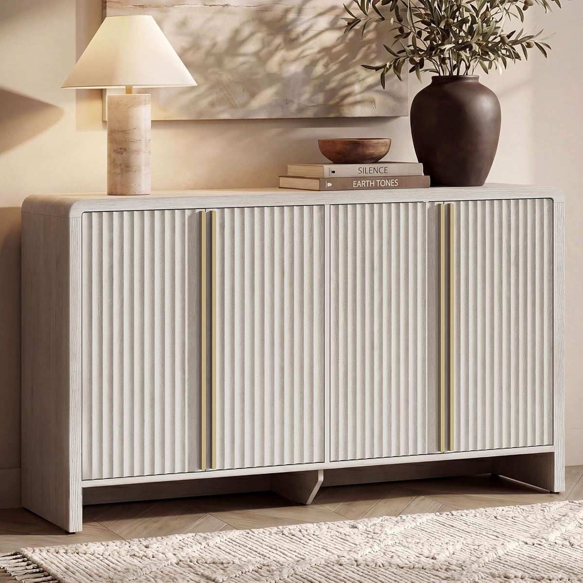 59" Fluted Sideboard Buffet Cabinet with Storage, White Alder