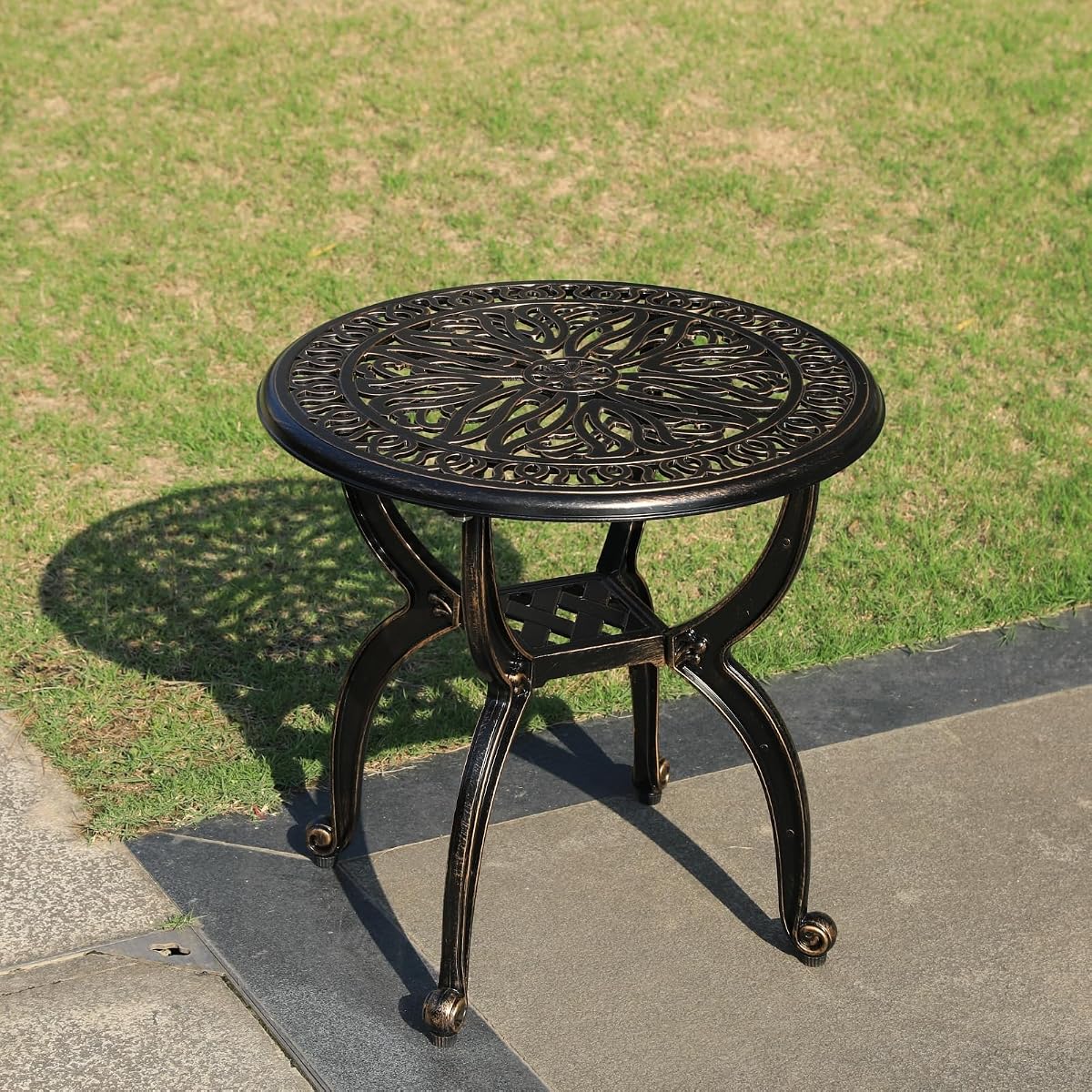 Outdoor Cast Aluminum Side Table Patio Side Table Backyard, Pool, Indoor, Easy Maintenance and Weather Resistant Coffee Table Porch Table Bistro Table (18.5round-Bronzed)