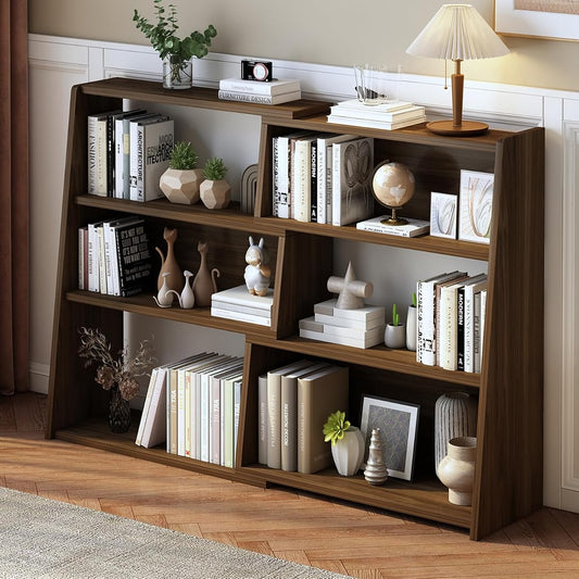 IOTXY Wooden Extendable Shelf Bookcase, 3-Tier Low Bookshelf, Walnut, L