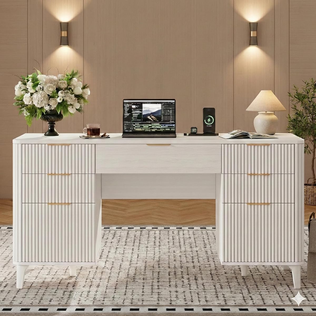 White Desk with Drawers, 55" Fluted Executive Desk with Storage Cabinet, Wood Home Office Desk with File Cabinet, Modern Computer Writing Desk for Study, Living Room, Bedroom