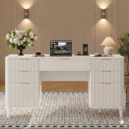 White Desk with Drawers, 55" Fluted Executive Desk with Storage Cabinet, Wood Home Office Desk with File Cabinet, Modern Computer Writing Desk for Study, Living Room, Bedroom