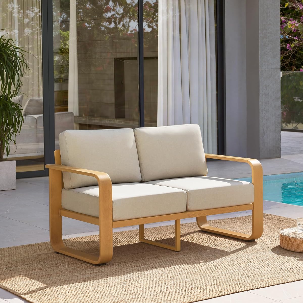 CHITA Aluminum Outdoor Loveseat Sofa, Patio Sofa with 6.3in Thick Cushion | 100% Aluminum Frame, Wood-Like Finish Grain, 6.3in Thickened Cushion, OEKO-TEX Olefin Washable Covers, Anti-slip Straps