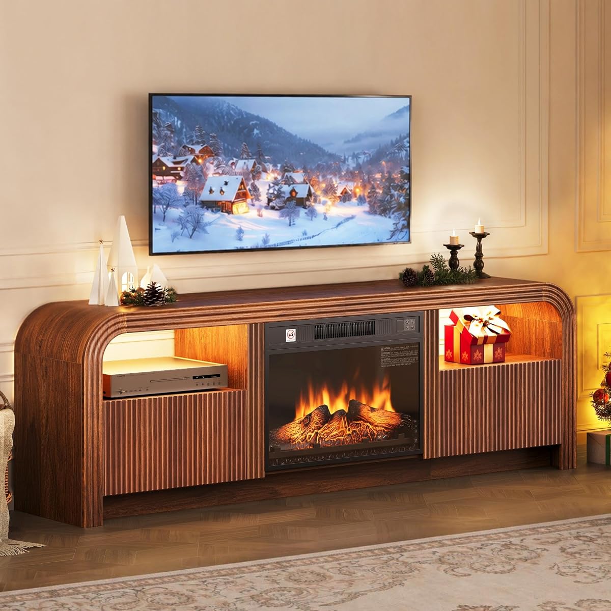 70" Fireplace TV Stand - Fluted LED Light TV Stands for Living Room