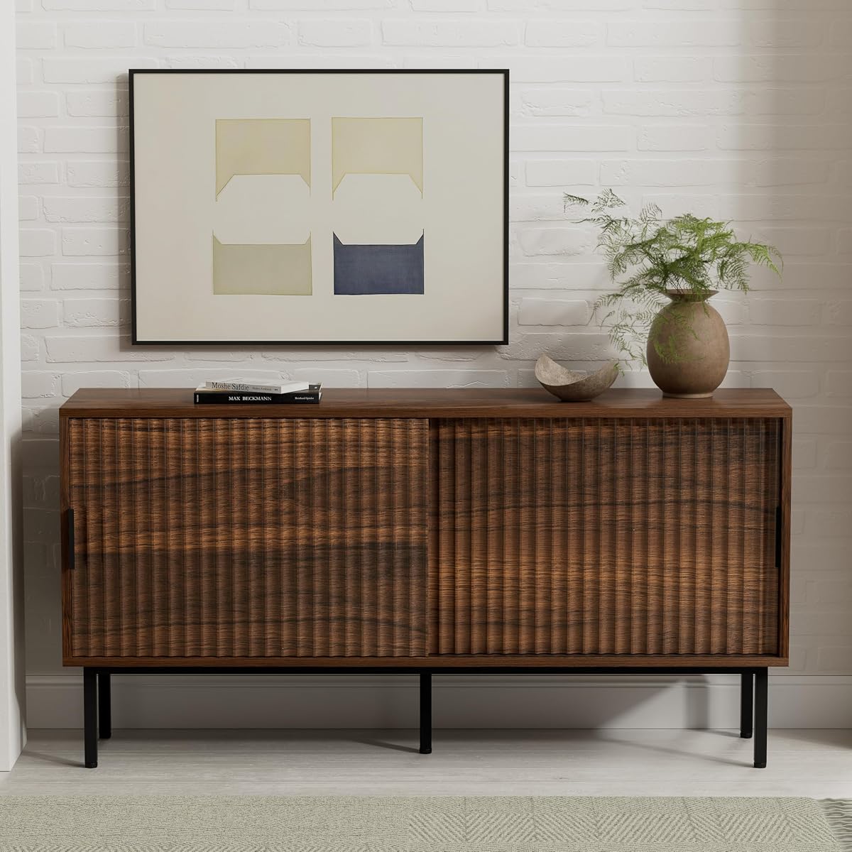 Fluted Tv Stand with Sliding Doors