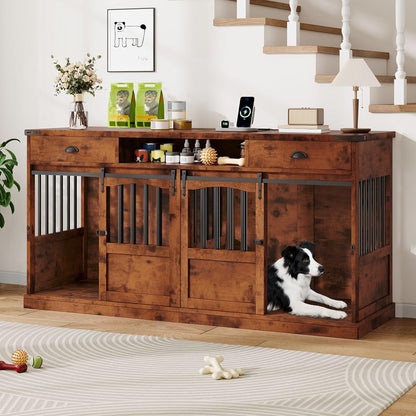72" Double Dog Crate Furniture with Storage for 2 Medium Dog Brown