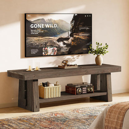63-Inch Solid Wood TV Stand, 2-Tier Farmhouse Entertainment Center with Open Storage Shelves, TV Consoles for Living Room Bedroom, Wood Television Console for TVs up to 75 Inches