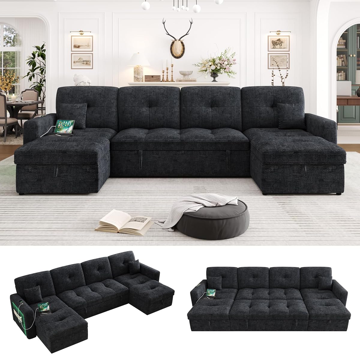 107'' LED Sectional Sleeper Sofa with Pull Out Couch Bed, U Shaped Couch with Storage Chaise, Adjustable Backrest & USB & 2 Pillows, Modern Chenille Home Sofa Living Room Furniture Set, Black