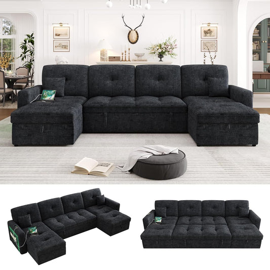 107'' LED Sectional Sleeper Sofa with Pull Out Couch Bed, U Shaped Couch with Storage Chaise, Adjustable Backrest & USB & 2 Pillows, Modern Chenille Home Sofa Living Room Furniture Set, Black