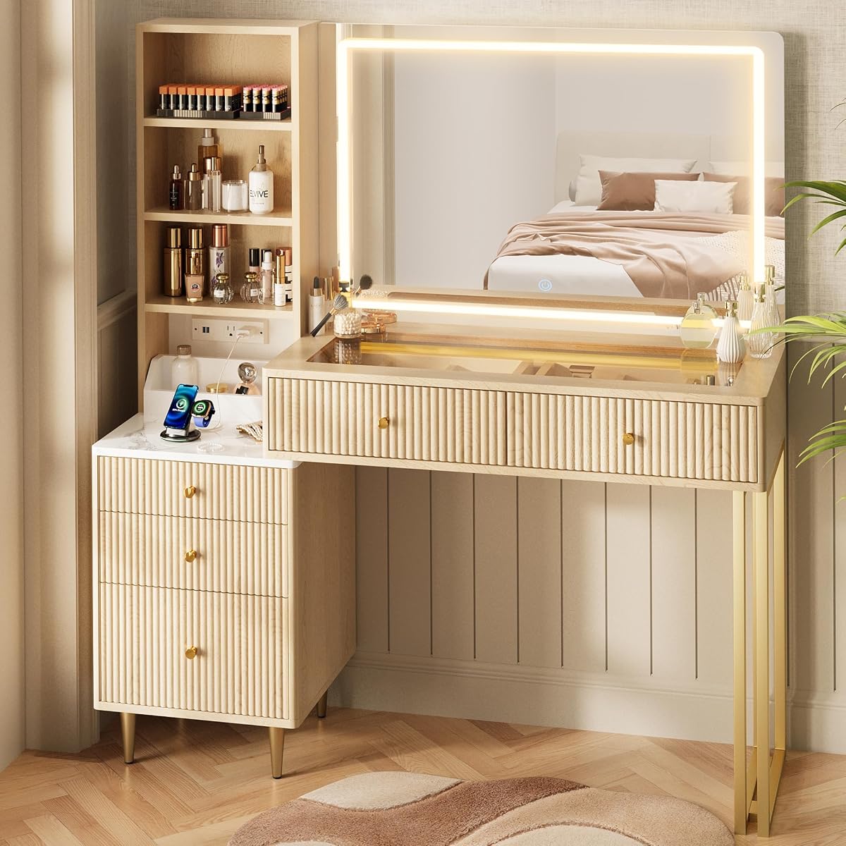 44” Fluted Vanity Desk with 32” Lighted Mirror & Power Outlet