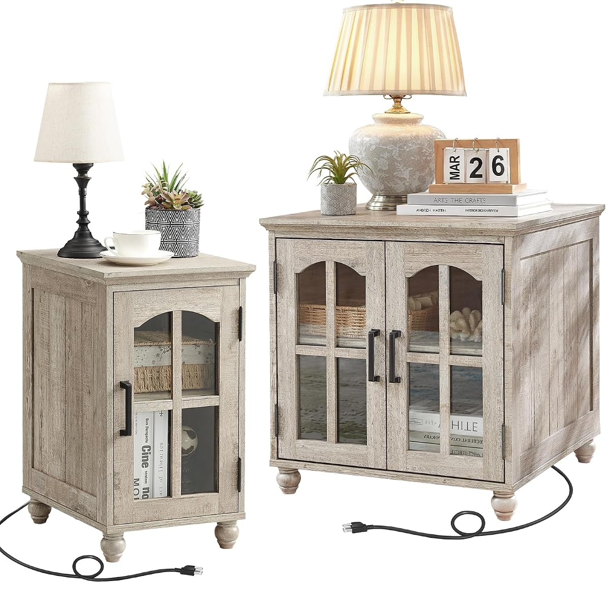 Farmhouse End Table Set of 2 with Charging Station, 18'' Narrow Side Table and 24" Large Sofa Table with Glass Barn Door Storage, Wood Night Stand Bedside Cabinet for Living Room,Bedroom