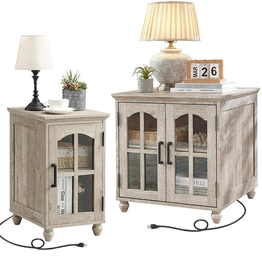 Farmhouse End Table Set of 2 with Charging Station, 18'' Narrow Side Table and 24" Large Sofa Table with Glass Barn Door Storage, Wood Night Stand Bedside Cabinet for Living Room,Bedroom