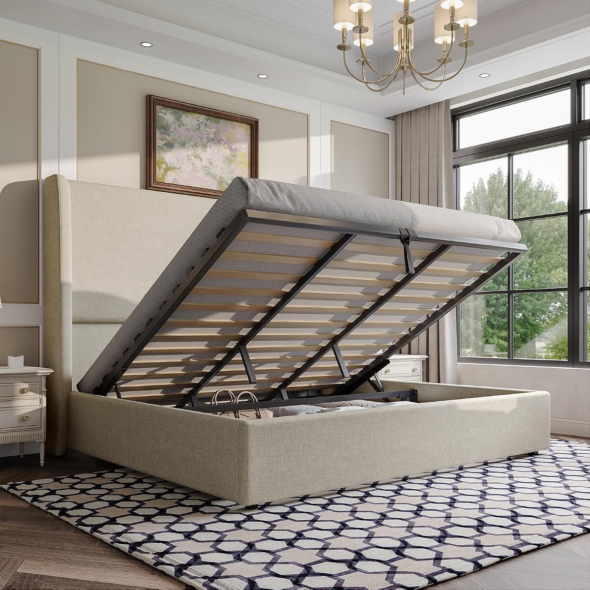 King Lift Up Storage Bed Frame Linen Wingback Headboard, Khaki