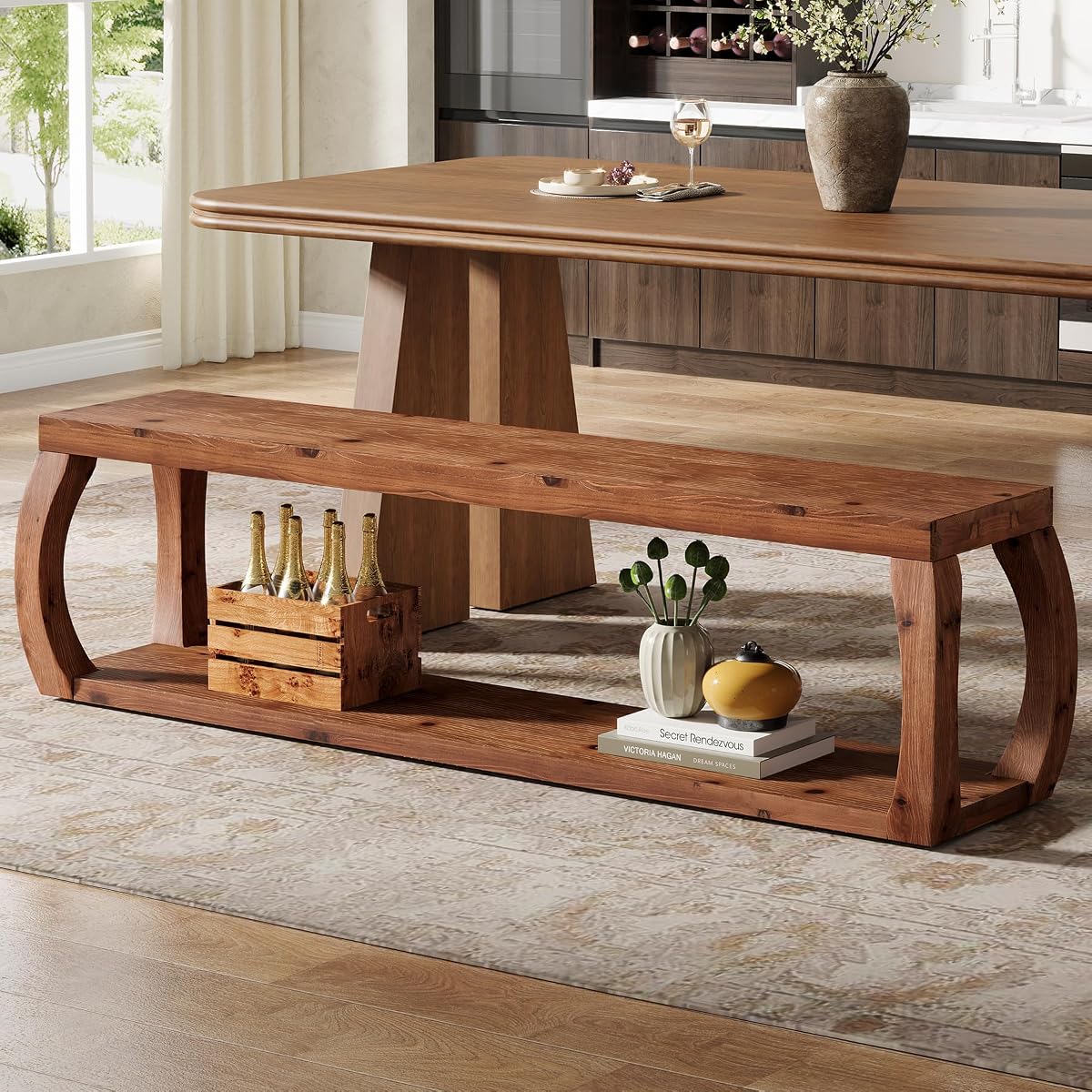 59" Long Solid Wood Dining Bench with 2-Tier Design | Farmhouse Entryway Bench with Open Shelves for Kitchen, Entry, Living Room, Bedroom, Hallway, Rustic Brown