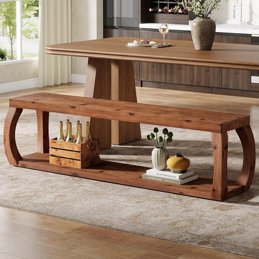 59" Long Solid Wood Dining Bench with 2-Tier Design | Farmhouse Entryway Bench with Open Shelves for Kitchen, Entry, Living Room, Bedroom, Hallway, Rustic Brown