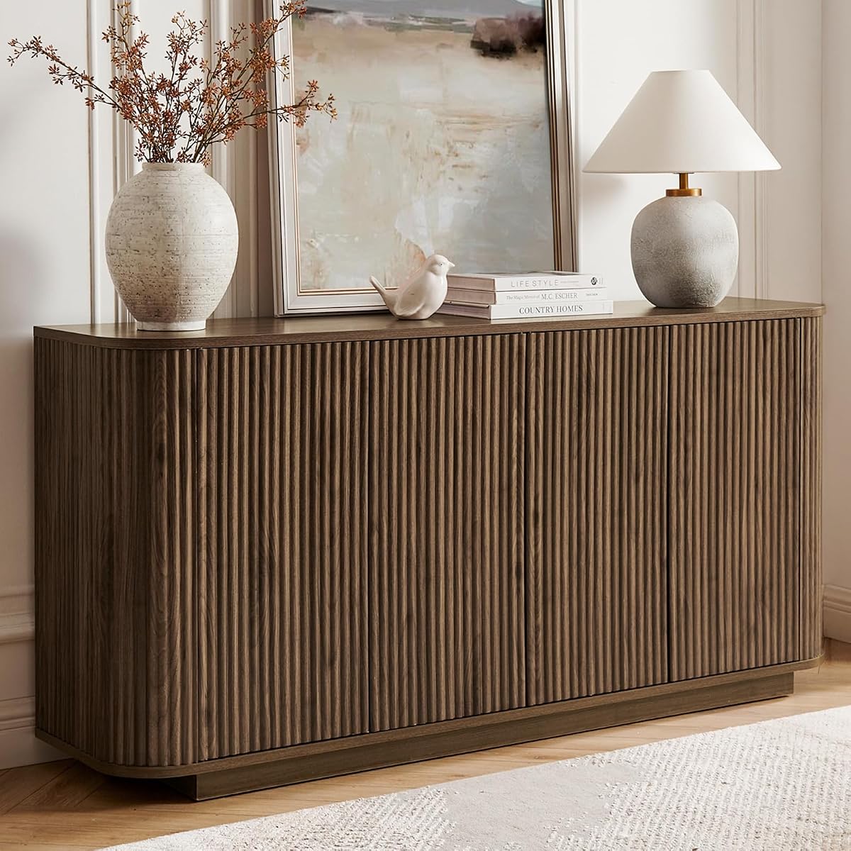 64" Fluted Buffet Cabinet with Storage, Walnut Sideboard Cabinet