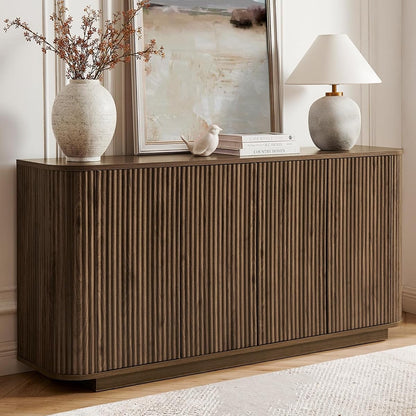 64" Fluted Buffet Cabinet with Storage, Walnut Sideboard Cabinet
