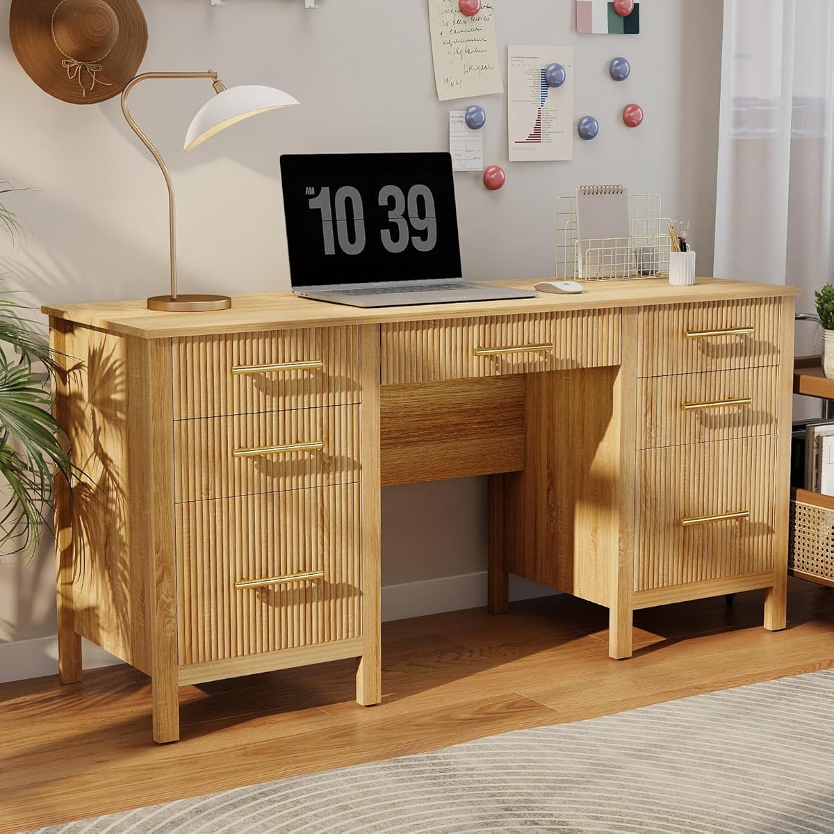 Fluted Executive Desk with Drawers: 60" Oak Home Office Desks with File Drawers, Modern Computer Desk with Gold Handles, Writing Table for Study, Living Room (Oak, 60")