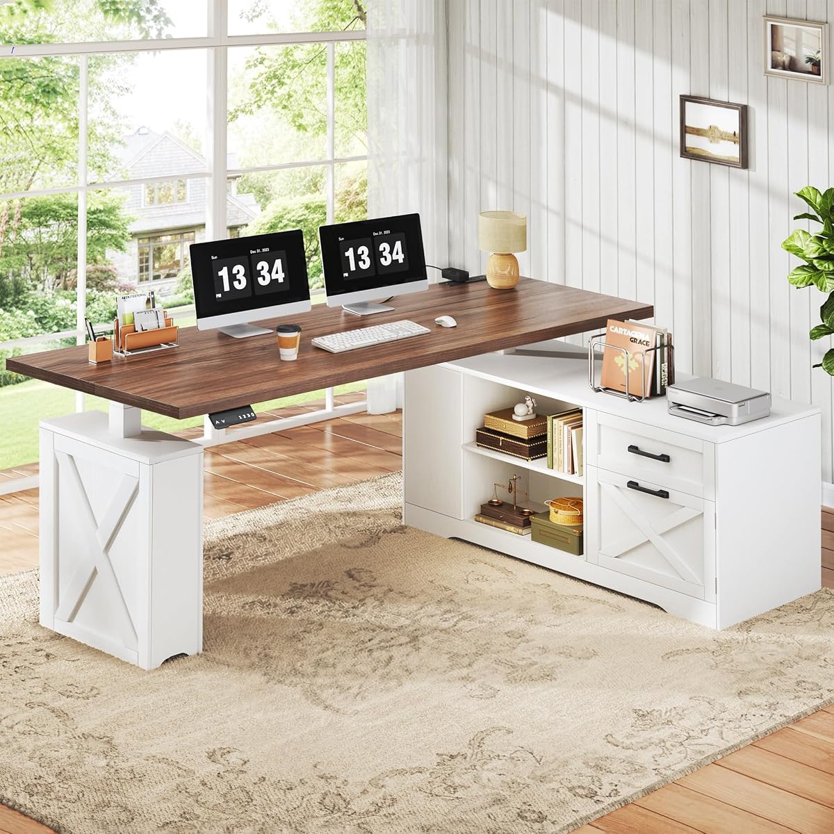 L Shaped Electric Standing Desk, 55" Executive Desk with Storage