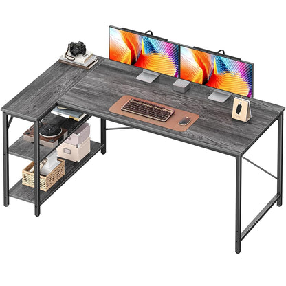 L Shaped Desk, 55 Inches Computer Desk with Reversible Storage Shelves, for Gaming Corner Home Office Writing Study, Metal Frame, Gray