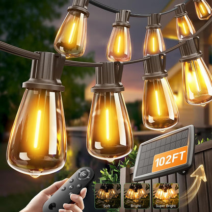 102FT(96+6) Solar String Lights Outdoor with Remote, Waterproof Patio Lights with 30 Shatterproof LED Bulbs, 30H+ Long-Lasting Dimmable & Timable Solar Light for Backyard Camping Garden Decor