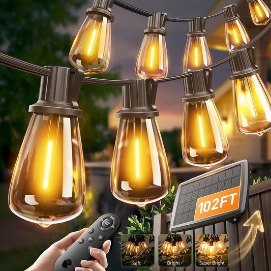 102FT(96+6) Solar String Lights Outdoor with Remote, Waterproof Patio Lights with 30 Shatterproof LED Bulbs, 30H+ Long-Lasting Dimmable & Timable Solar Light for Backyard Camping Garden Decor