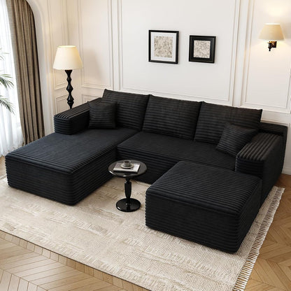 107.5" Cloud Modular Sectional Sofa with 1 Ottoman,Modern Minimalist Upholstered Couches, Comfort U Shaped Sofa for Living Room,Deep Seat Corner Couch，No Assembly Required (Black,Left Facing Chaise)