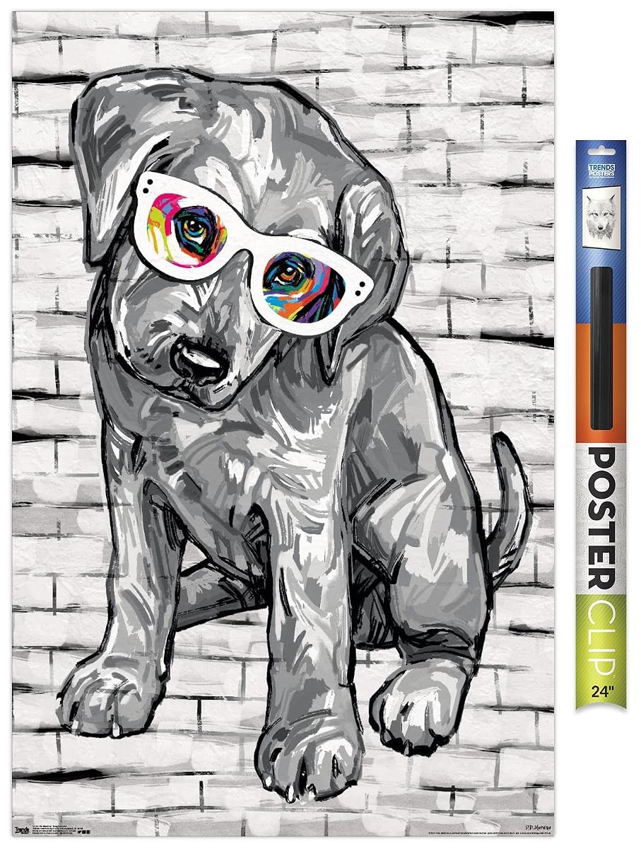 PD Moreno - Dog Glasses Wall Poster, 22.375" x 34", Premium Poster & Clip Bundle