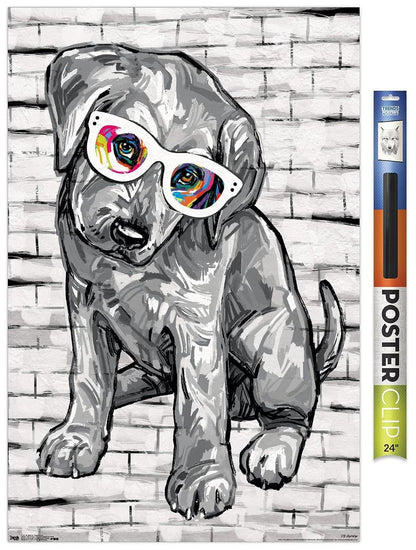 PD Moreno - Dog Glasses Wall Poster, 22.375" x 34", Premium Poster & Clip Bundle