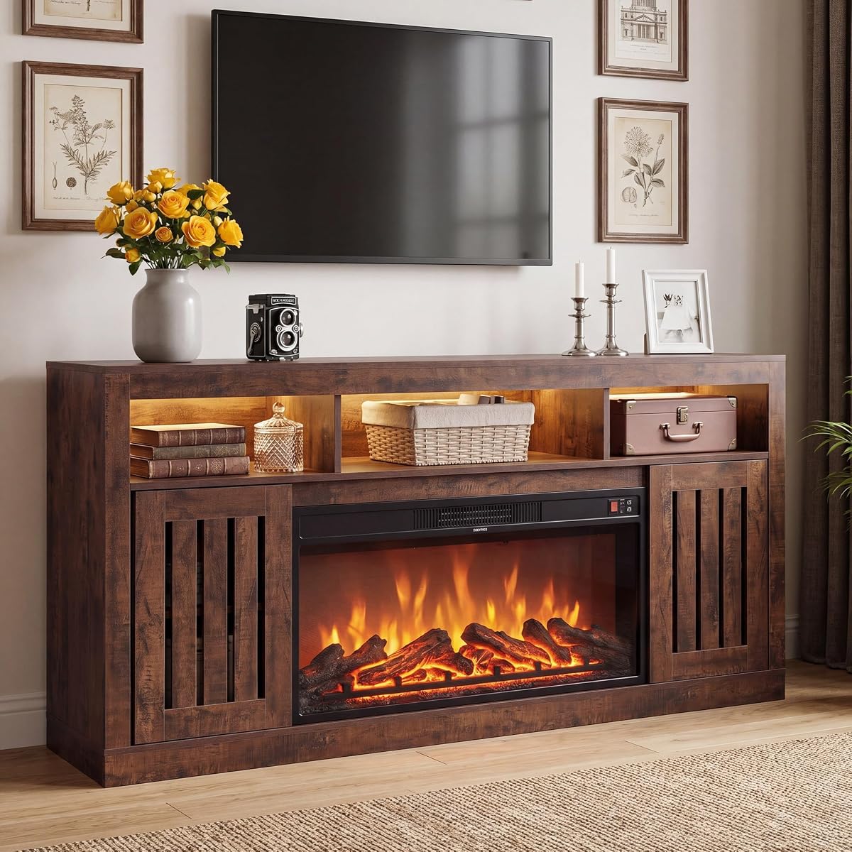 Farmhouse TV Stand with 36" Fireplace, Walnut