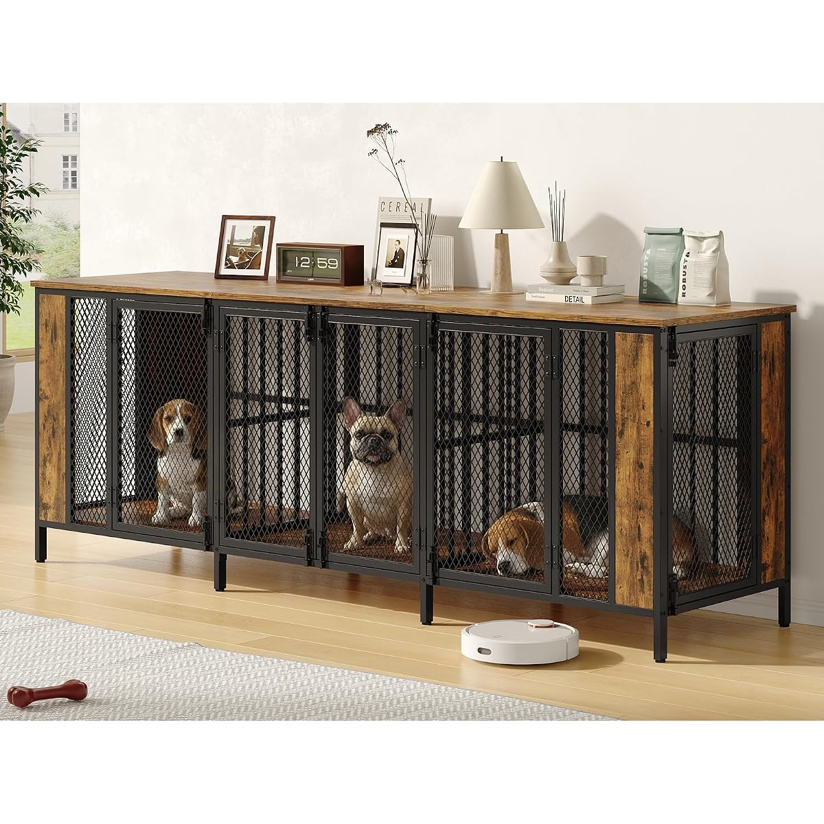 87" Brown Dog Crate Furniture TV Stand with 3-Room Kennel