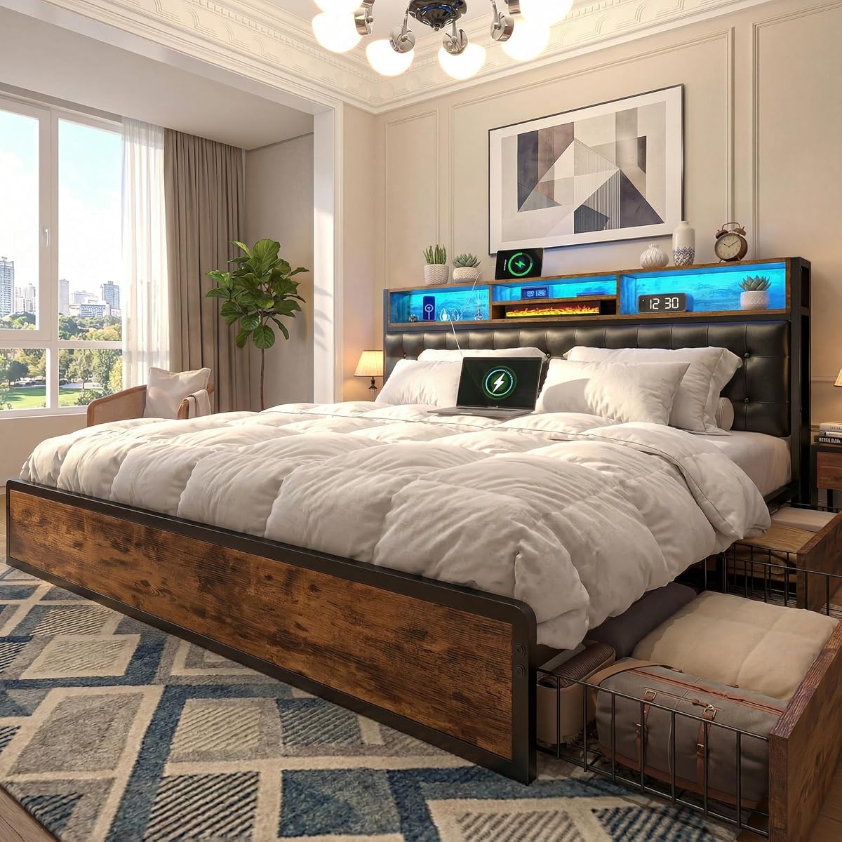 King Bed Frame with 4 Drawers, Charge Station & LED Lights